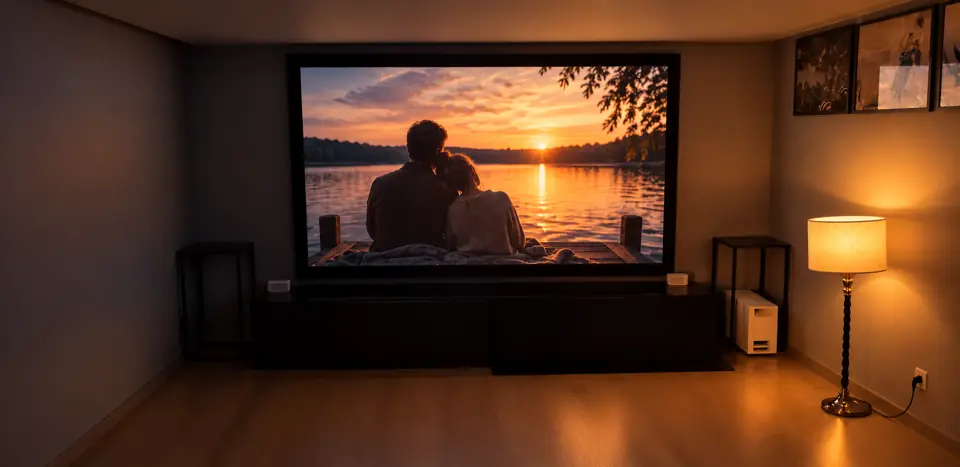Sala de home cinema com a tela a exibir um pôr do sol
